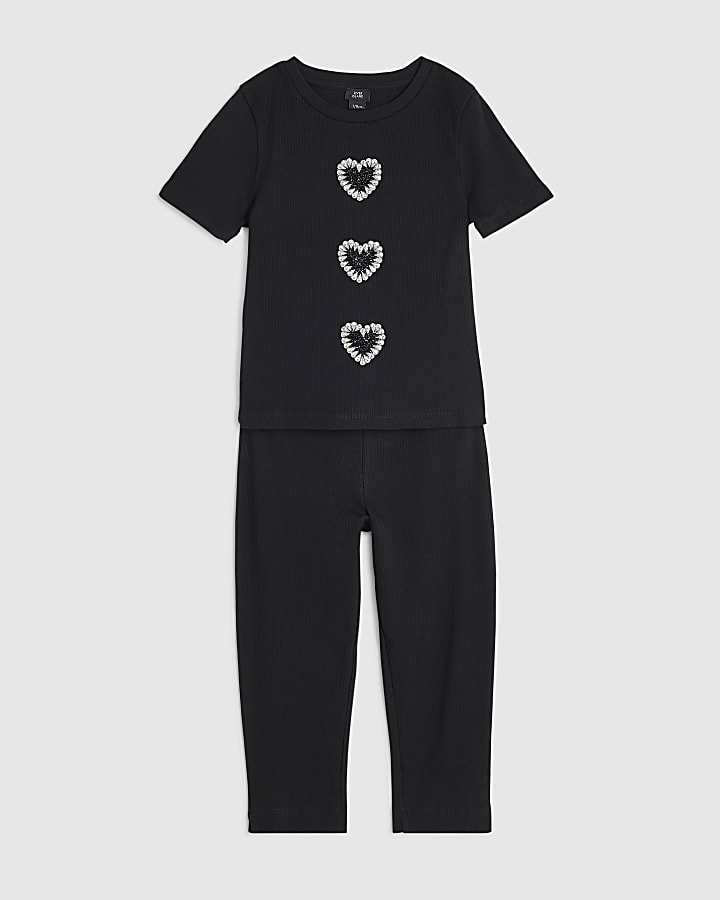 Girls Black 3D Diamante Heart Top Set