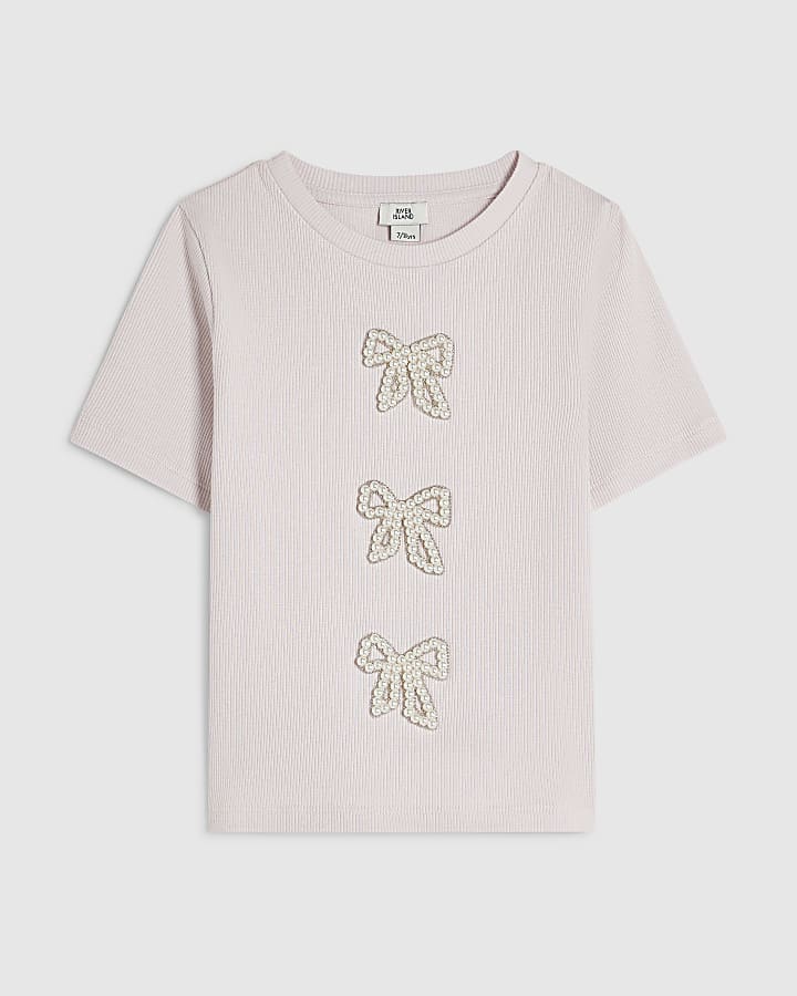 Girls Pink 3D Pearl Bow Top