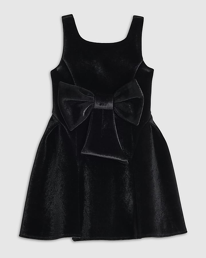 Mini Girls Black Velvet Bow Skater Dress