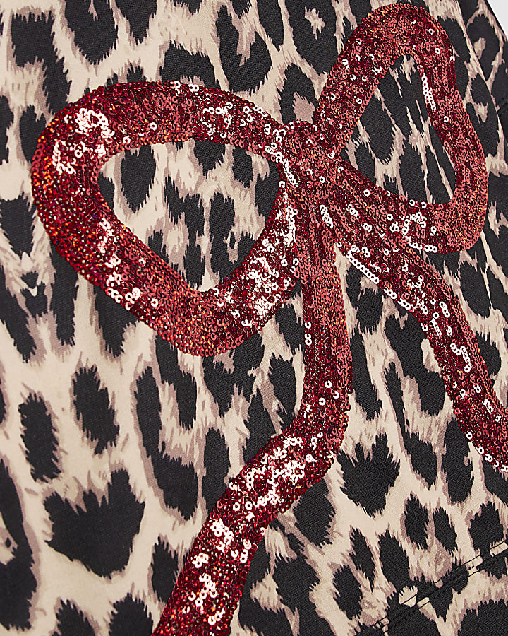 Girls Brown Leopard Sequin Bow Sweatshirt
