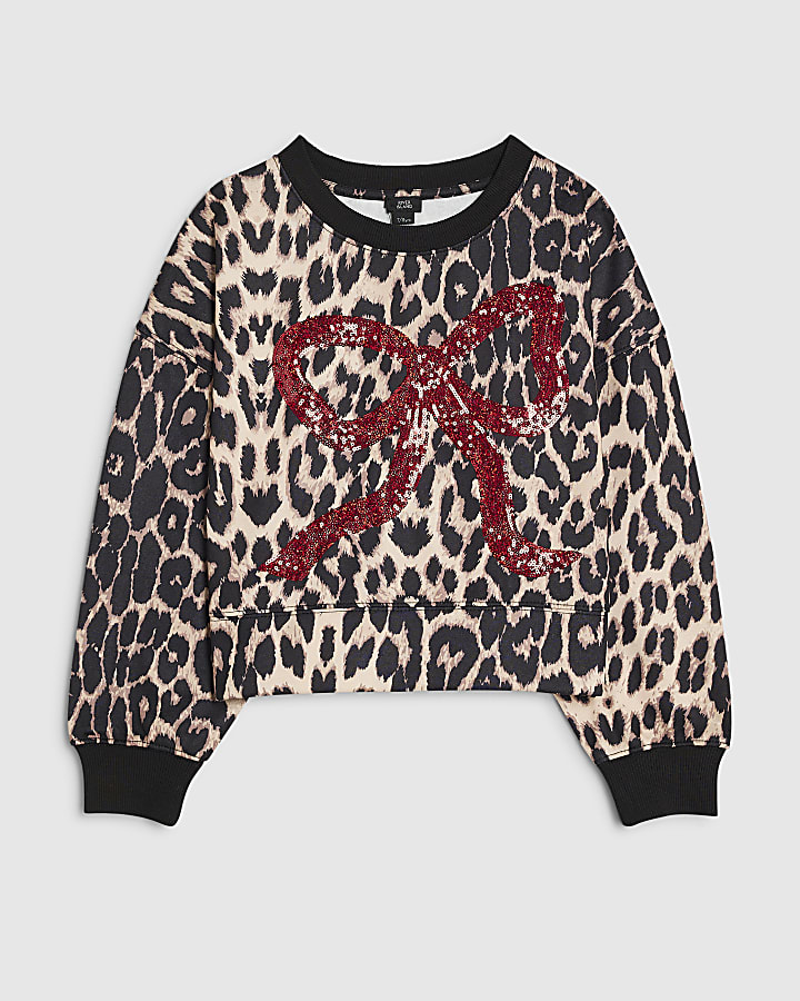 Girls Brown Leopard Sequin Bow Sweatshirt