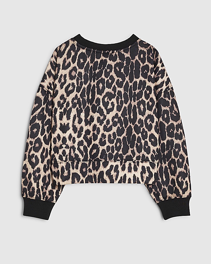 Girls Brown Leopard Sequin Bow Sweatshirt