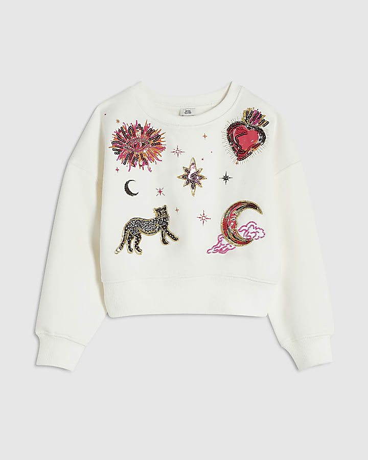Girls Cream Icon Embellished Sweatshirt