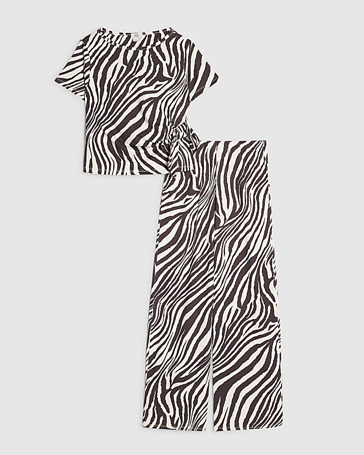 Girls White Zebra Print Tie Side T-Shirt Set