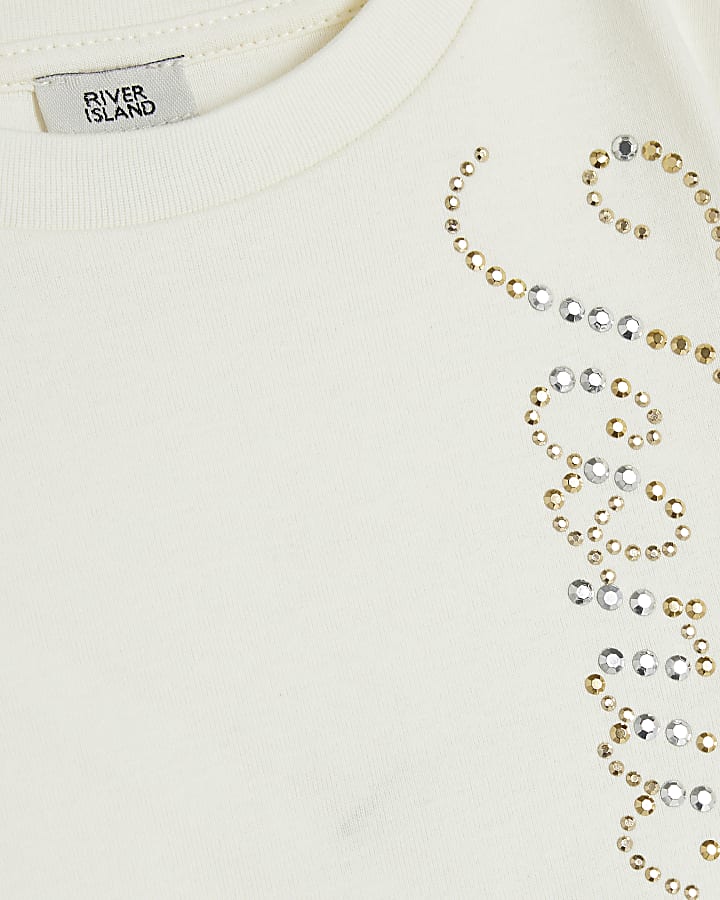 Girls Cream Iconic Vibe Embellished T-shirt