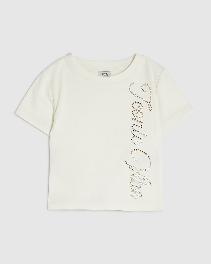 Girls Cream Iconic Vibe Embellished T-shirt