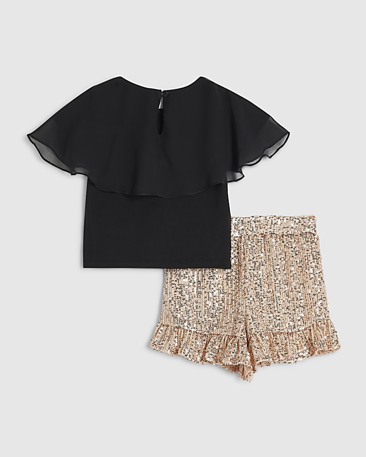 Mini Girls Black Sequin Shorts Cape Top Set