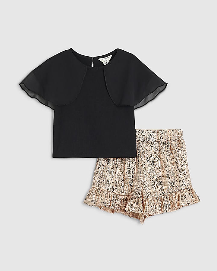 Mini Girls Black Sequin Shorts Cape Top Set