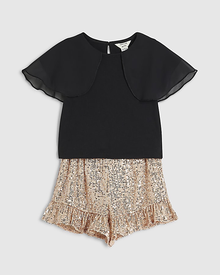 Mini Girls Black Sequin Shorts Cape Top Set