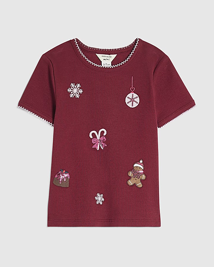 Mini Girls Red Rib Sequin Icon T-Shirt