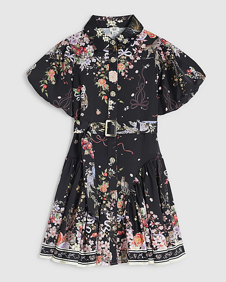 Girls Black Floral Puff Short Sleeve Dress