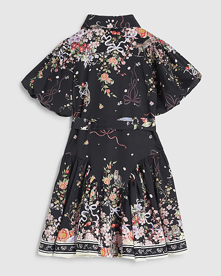Girls Black Floral Puff Short Sleeve Dress
