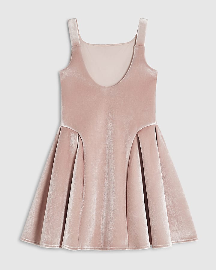 Girls Pink Velvet Bow Skater Dress