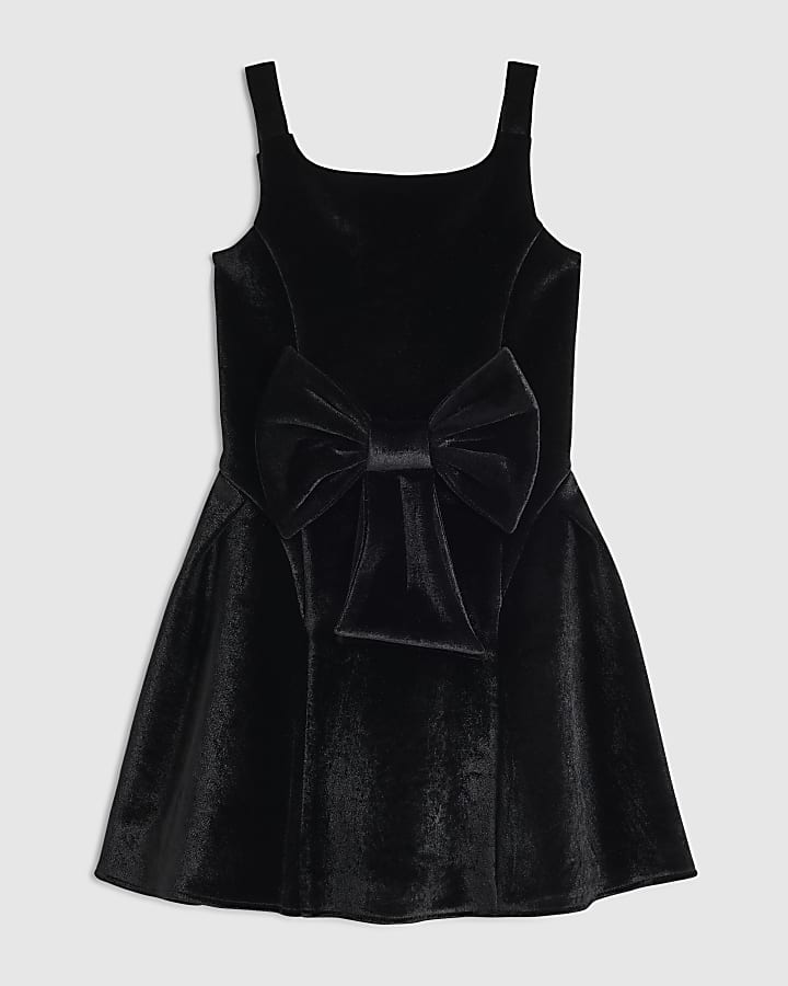 Girls Black Velvet Bow Skater Dress