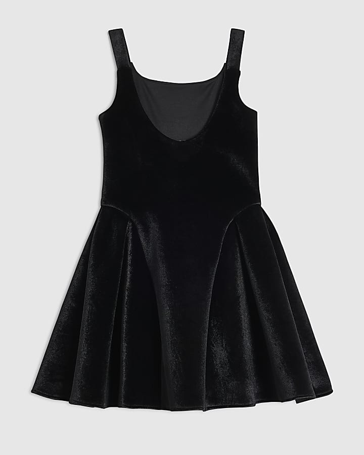Girls Black Velvet Bow Skater Dress