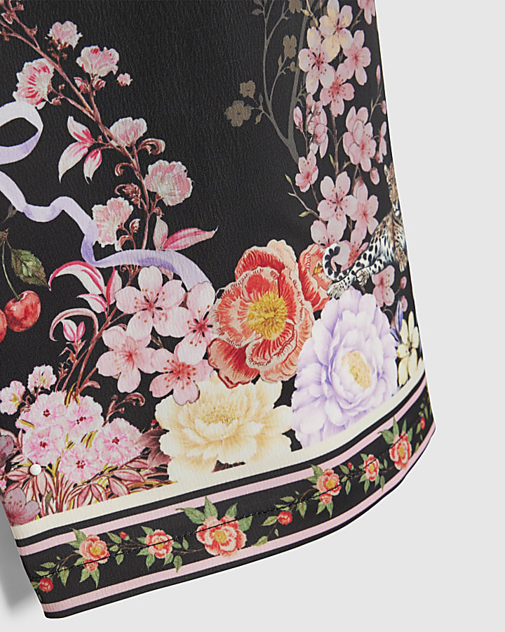 Girls Black Satin Floral Trousers
