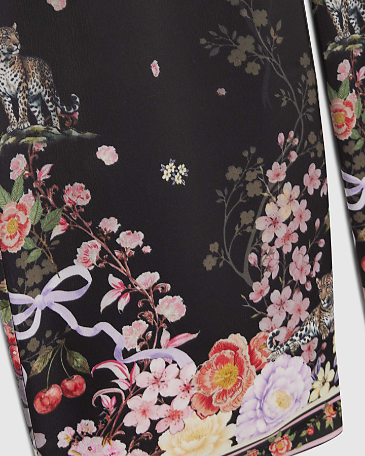 Girls Black Satin Floral Trousers