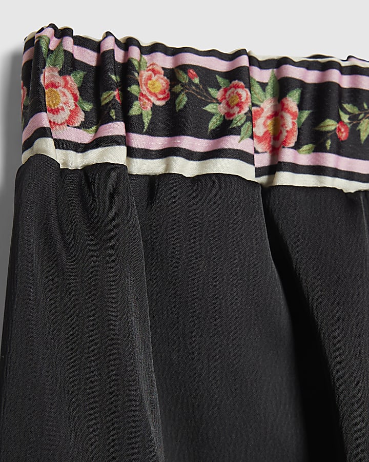 Girls Black Satin Floral Trousers