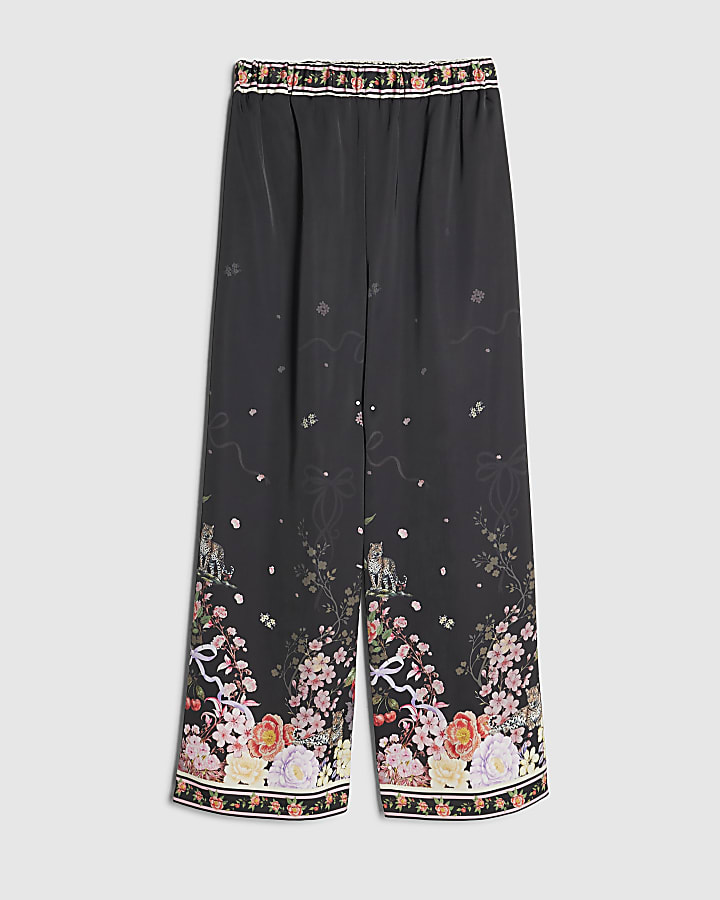 Girls Black Satin Floral Trousers