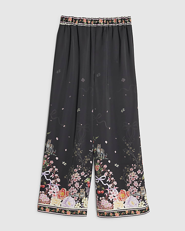 Girls Black Satin Floral Trousers