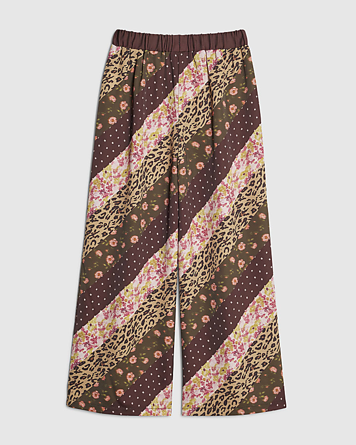 Girls Brown Leopard Print Satin Trousers