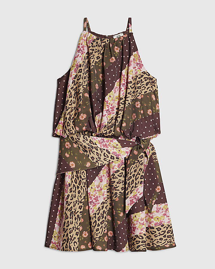 Girls Brown Halter Neck Leopard Print Dress