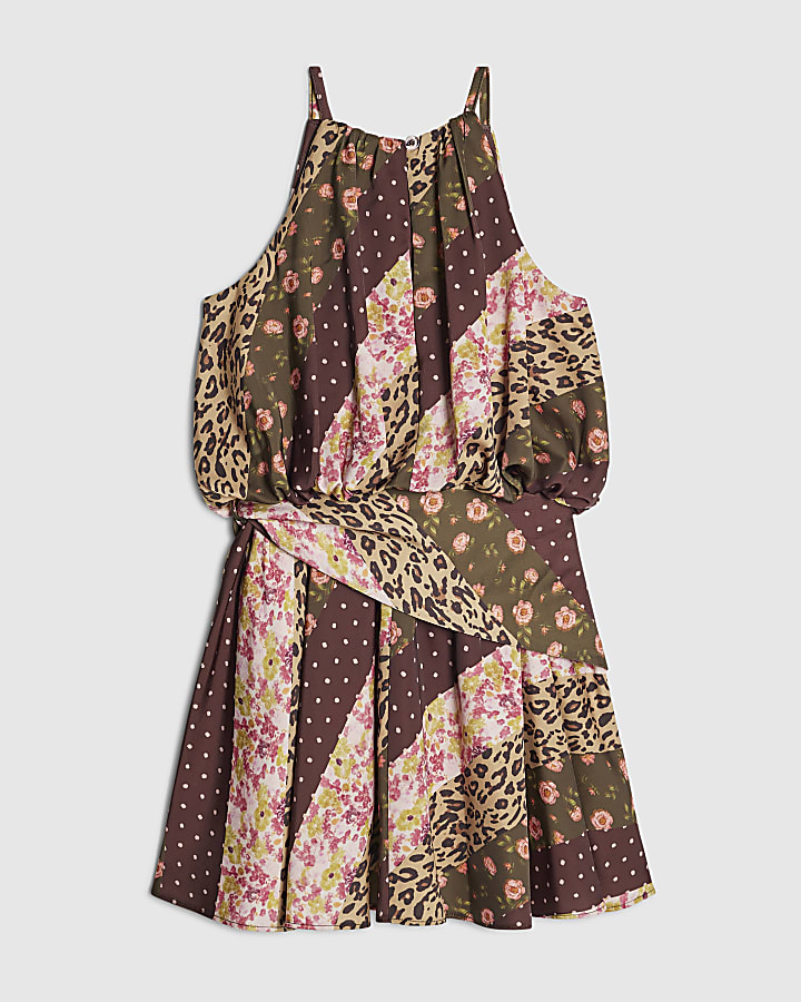 Girls Brown Halter Neck Leopard Print Dress