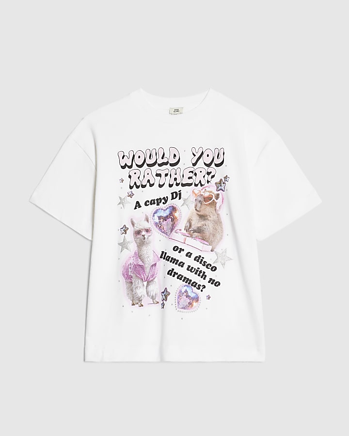 Girls White Would You Rather Lama T-Shirt