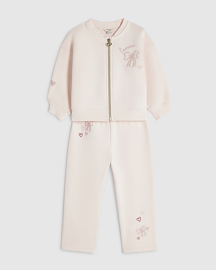 Mini Girls Pink Bow Zip Thru Hoodie Set