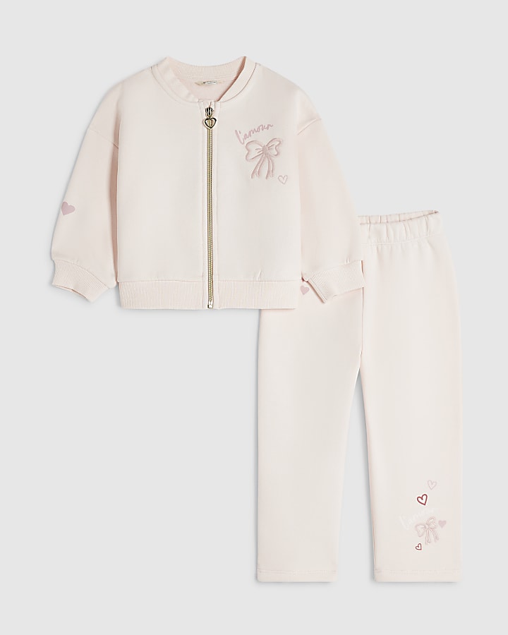 Mini Girls Pink Bow Zip Thru Hoodie Set