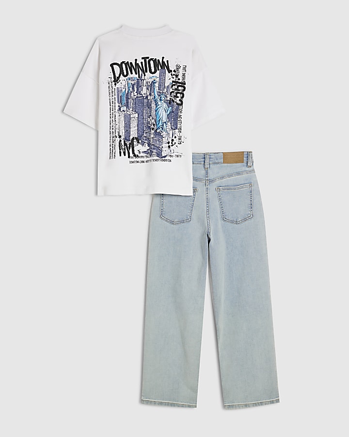 Boys White New York T-Shirt And Jeans Set
