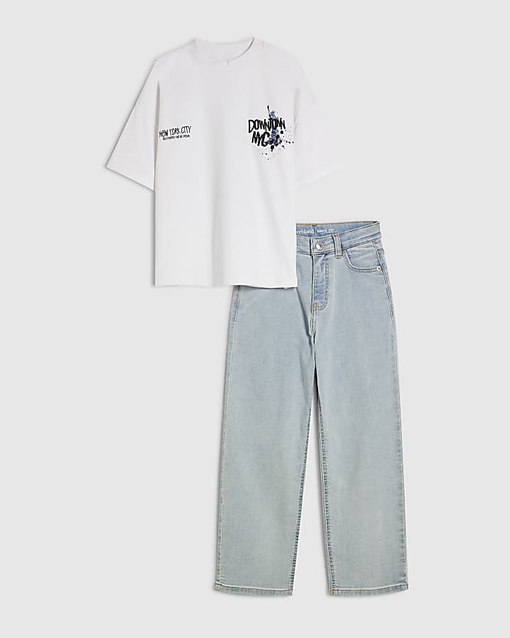 Boys White New York T-Shirt And Jeans Set