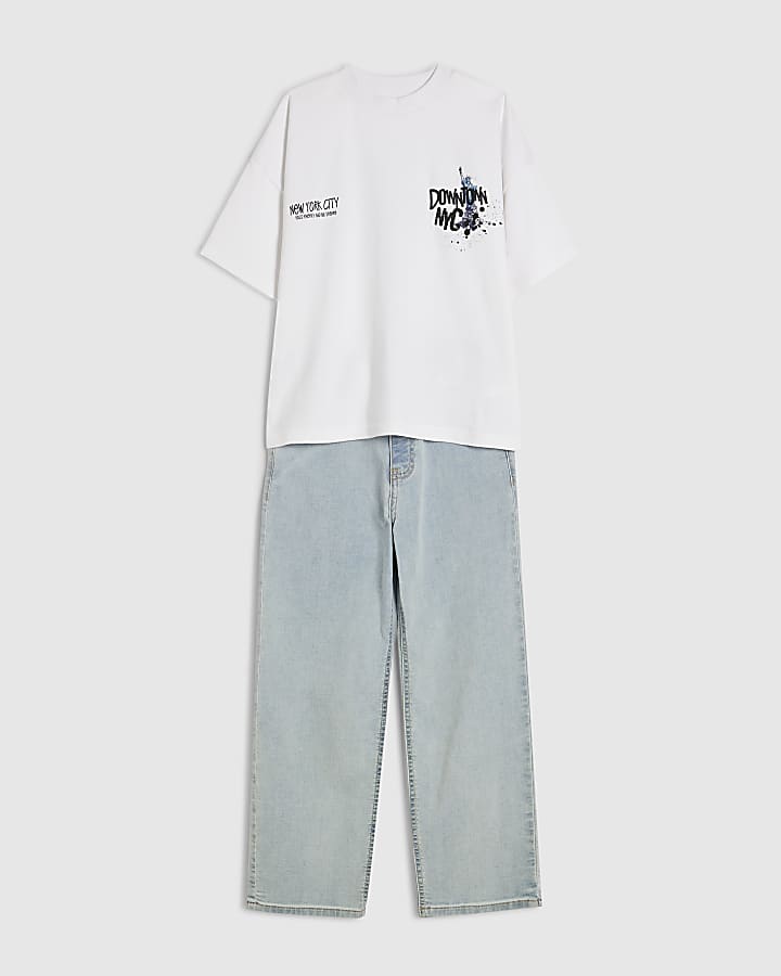 Boys White New York T-Shirt And Jeans Set