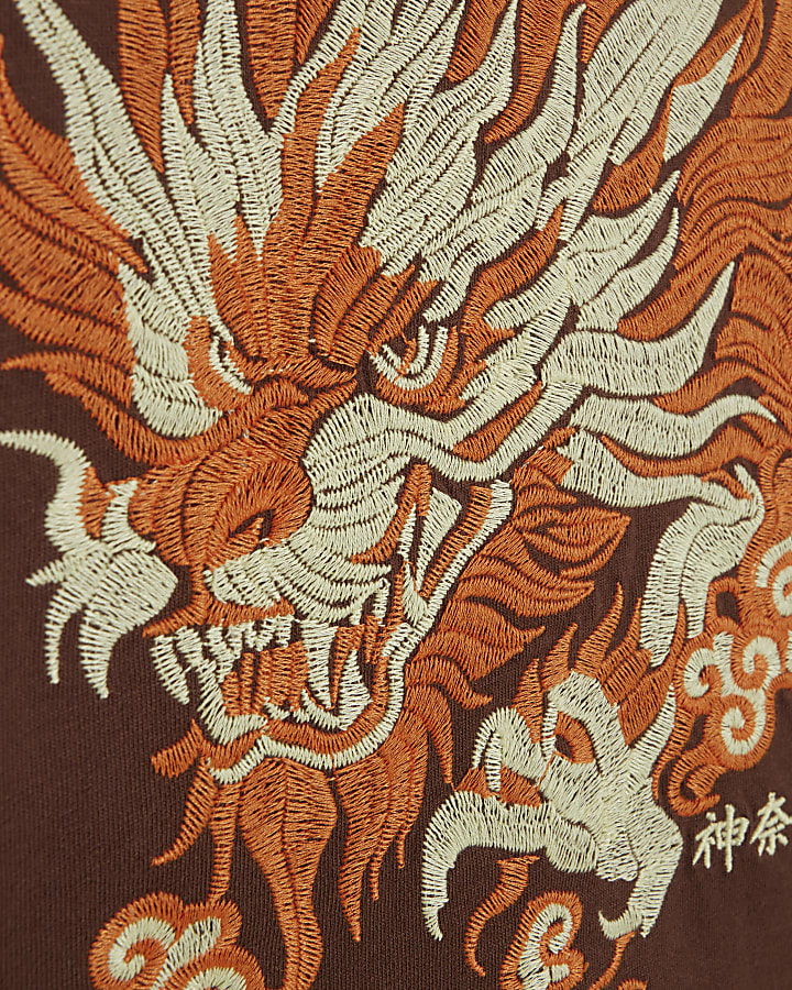Boys Brown Embroidered Dragon T-Shirt Set