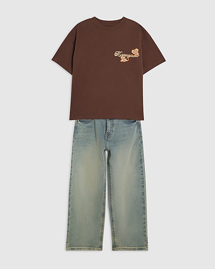 Boys Brown Embroidered Dragon T-Shirt Set