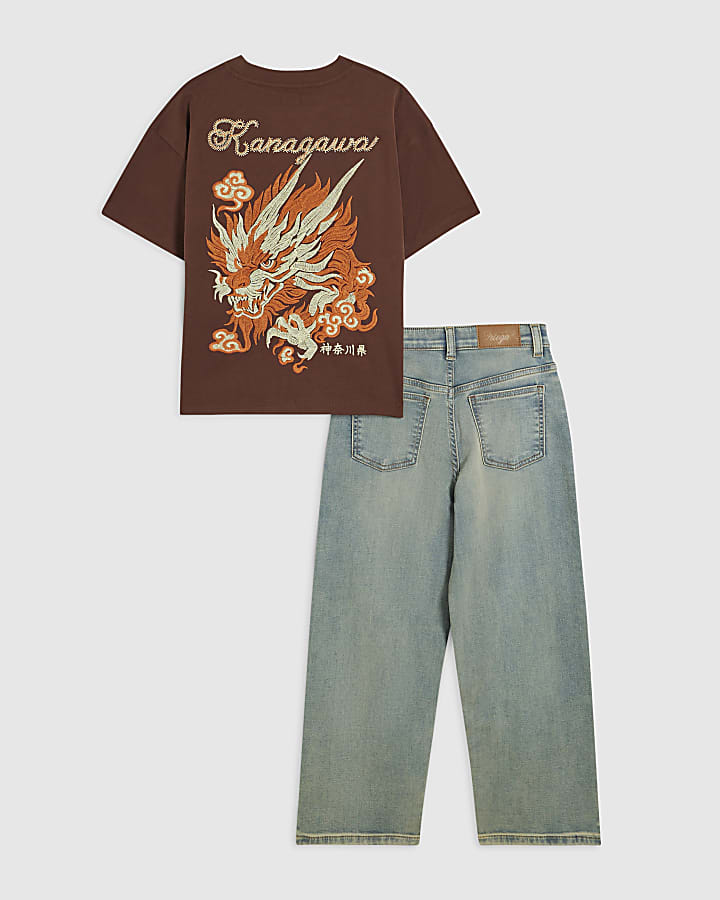 Boys Brown Embroidered Dragon T-Shirt Set