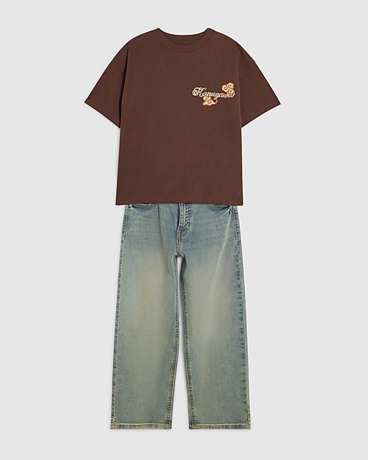 Boys Brown Embroidered Dragon T-Shirt Set