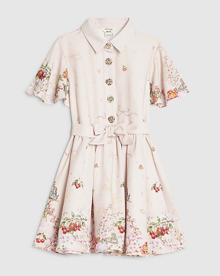 Mini Girls Pink Floral Print Shirt Dress