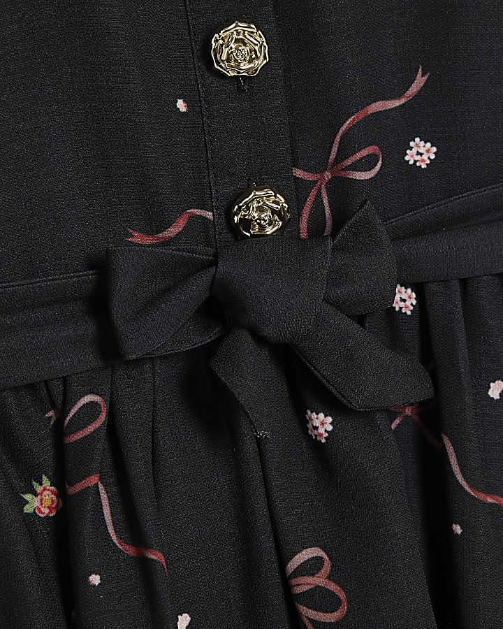 Mini Girls Black Floral Print Shirt Dress