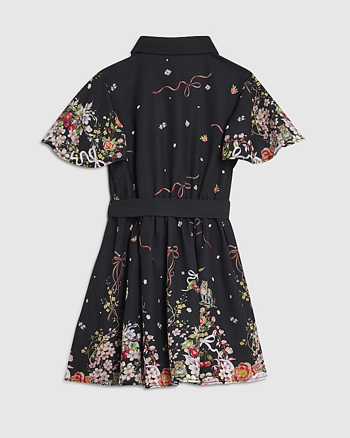 Mini Girls Black Floral Print Shirt Dress