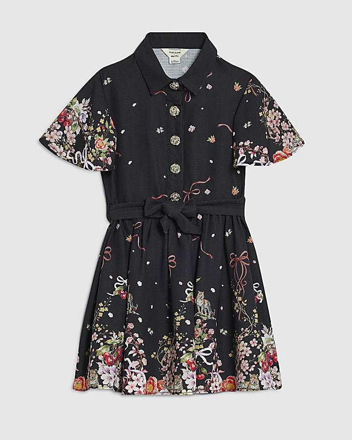 Mini Girls Black Floral Print Shirt Dress