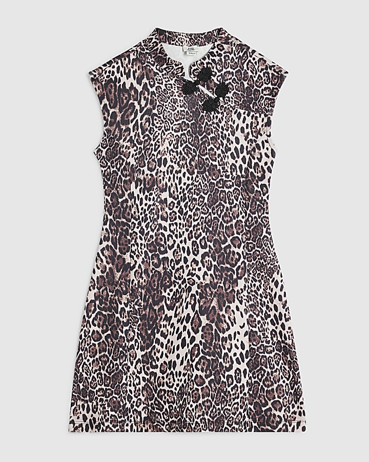 Girls Brown Leopard Print Toggle Mini Dress