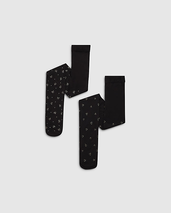 Girls Black Glitter Bow Pack Of 2 Tights
