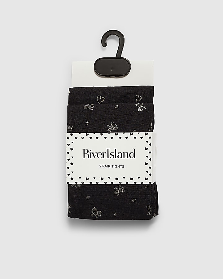 Girls Black Glitter Bow Pack Of 2 Tights