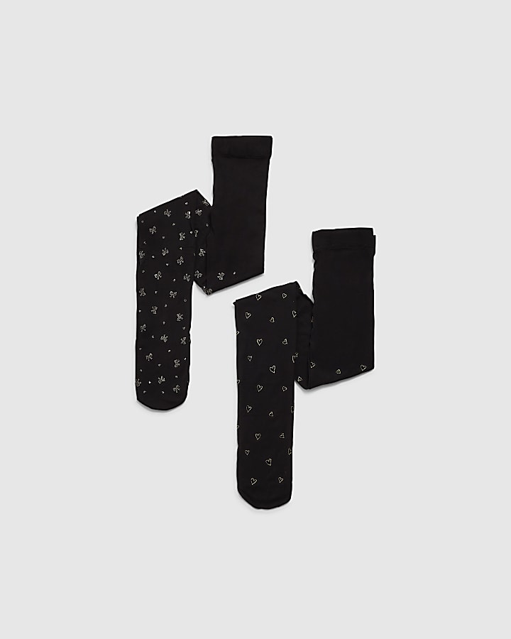 Mini Girls Black Glitter Bow Pack Of 2 Tights
