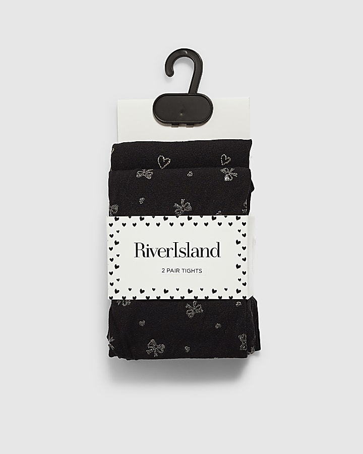 Mini Girls Black Glitter Bow Pack Of 2 Tights