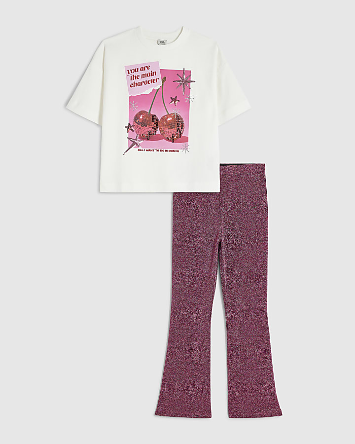 Girls White Pink Disco Cherry T-Shirt Set