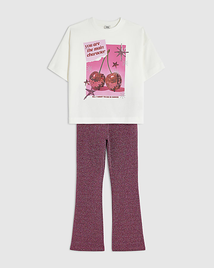 Girls White Pink Disco Cherry T-Shirt Set