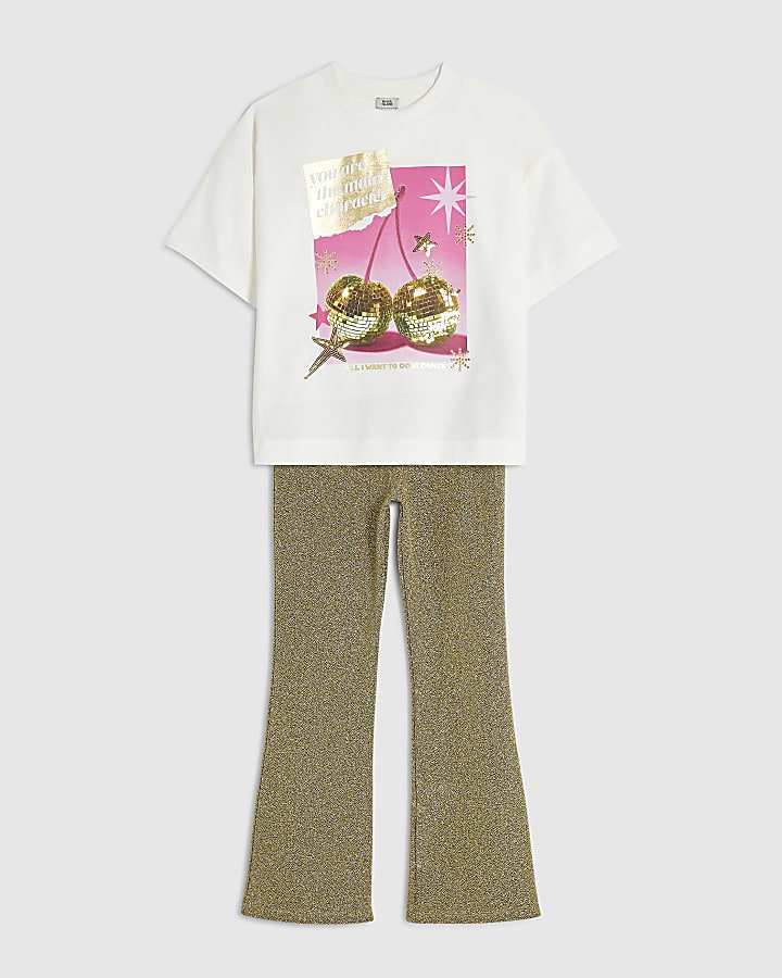 Girls White Gold Disco Cherry T-Shirt Set