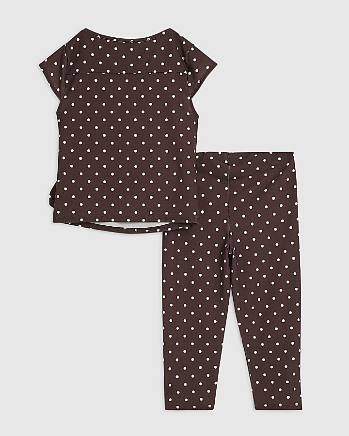 Girls Brown Tie Side Spot T-Shirt Set
